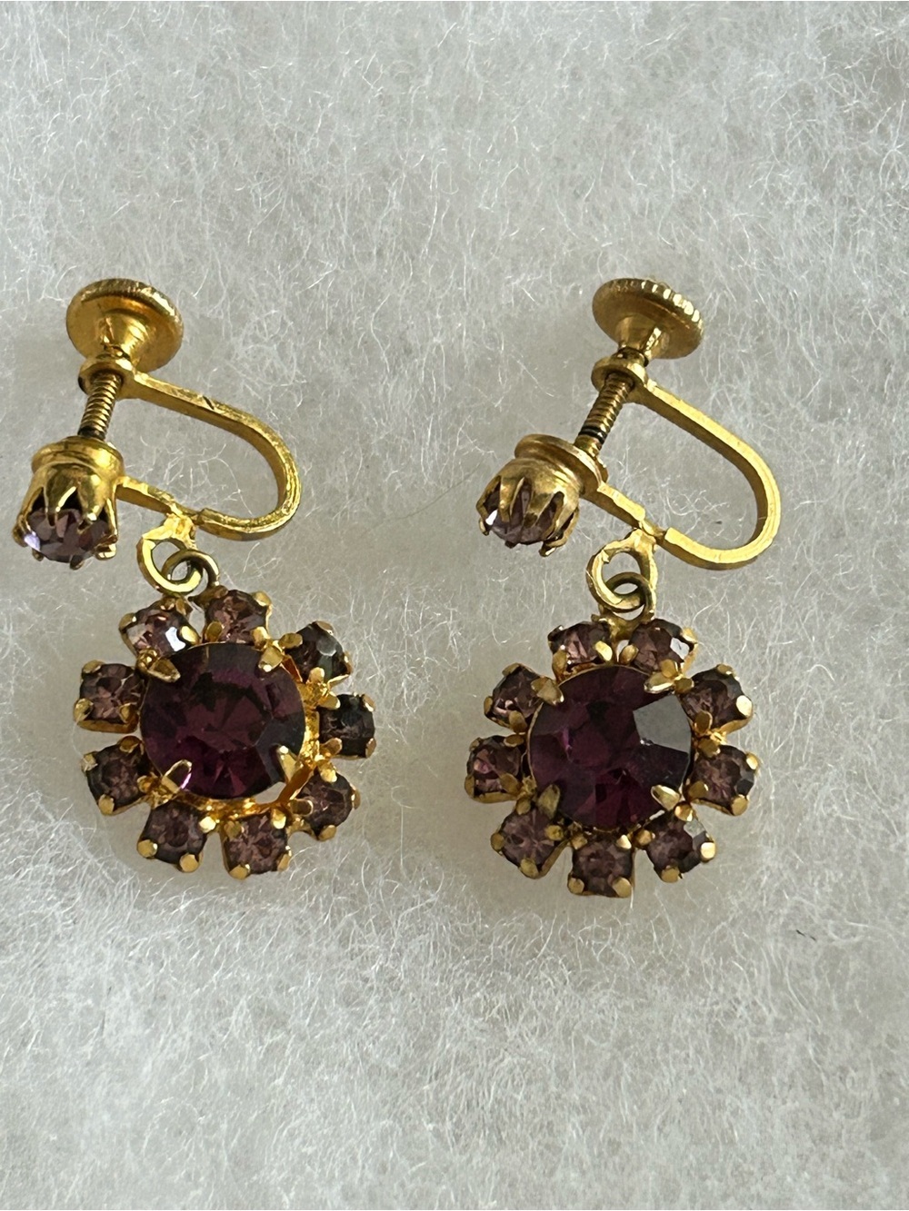 4/$100 Gold-Tone Purple amethyst Crystal Flower screwback Earrings